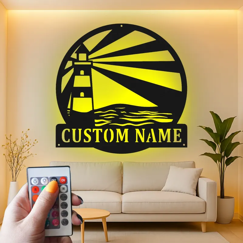 Personalized Lighthouse Metal Wall Art | Custom Name Sign with LED Light | Modern Coastal Decor for Beach House