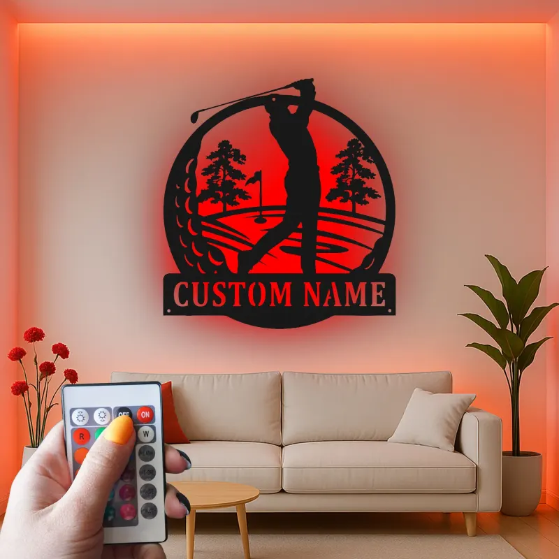 Insegna personalizzata con nome da golf | Decorazione murale LED in metallo per ufficio e man cave | Regalo personalizzato per golfista | Arredo per interni ed esterni