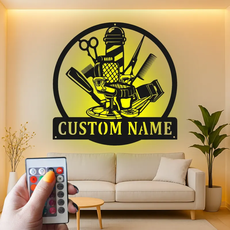 Custom Barber Shop Led Light Metal Wall Art Personalized Gift for Barbers Salon Decor with Name