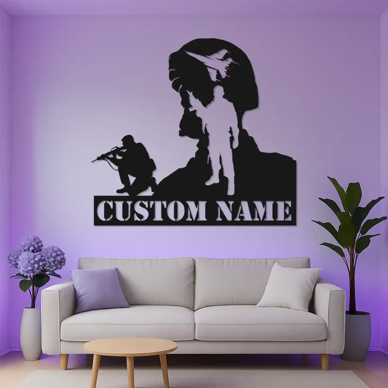 Personalisierter Soldat Silhouette Metall Schild | LED Militär Wandkunst | Benutzerdefinierte Veteranen Namensplakette | Patriotische Army Deko