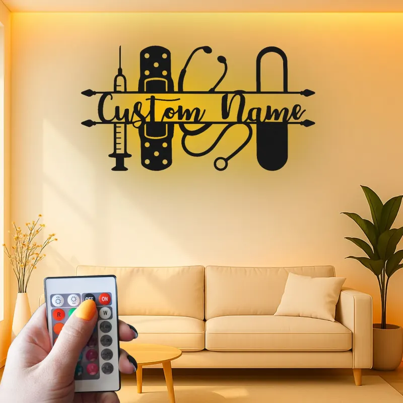 Personalized Nurse Name Sign with LED | Custom Medical Tools Metal Art | Clinic & Office Wall Decor | RN Graduation Gift
