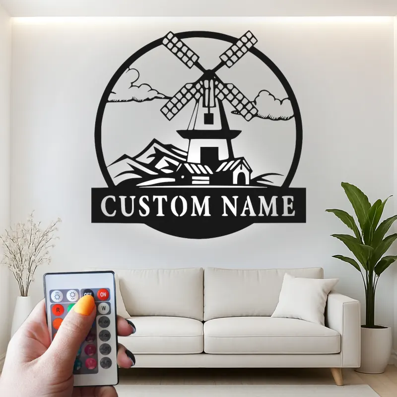 Décoration murale en métal personnalisée avec moulin à vent, lumière LED, cadeau de crémaillère, décoration de ferme rustique