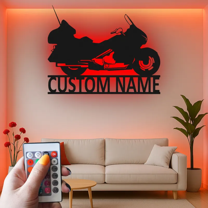 Personalized Motorcycle Metal Wall Art | Custom Biker Name Sign with LED | Touring Bike Garage Decor for Rider
