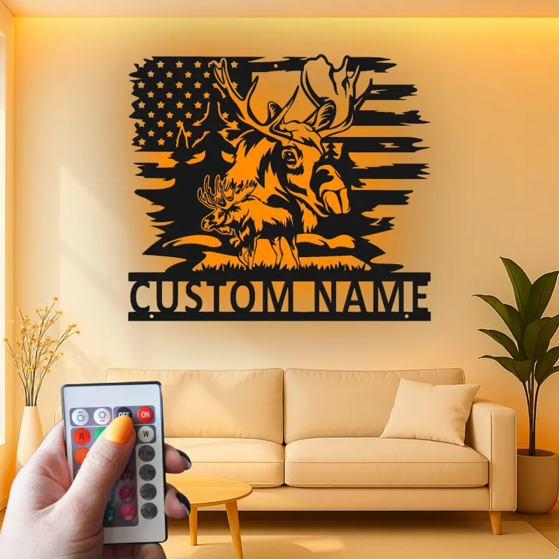 Personalisiertes Elch-Metallschild | LED-Schild mit amerikanischer Flagge | Rustikale Hütten-Dekoration für Jäger & Wildtierliebhaber