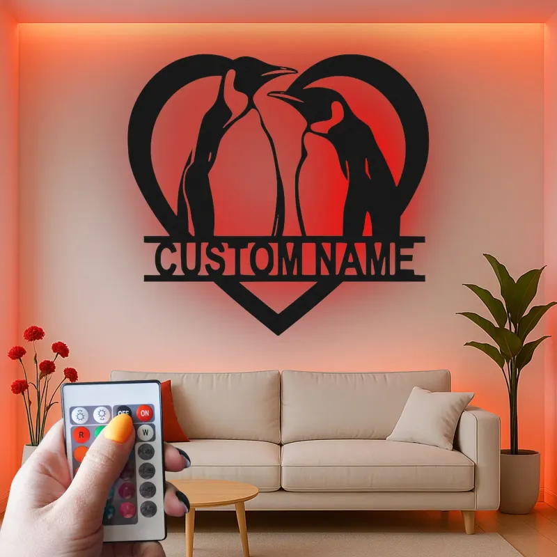 Cartel de metal LED personalizado de pareja de pingüinos regalo para decoración de dormitorio o salón