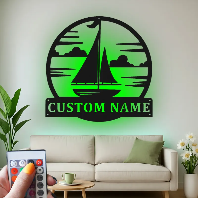 Personalized Sailboat Metal Sign with LED | Nautical Wall Art for Coastal Home | Custom Beach House Decor & Boating Gift
