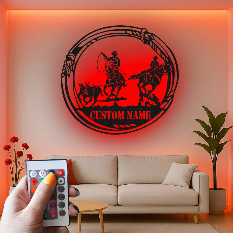 Décoration murale en métal personnalisée Cowboy Rodeo avec rétroéclairage LED - Cadeau western pour les éleveurs - Décor de salon rustique