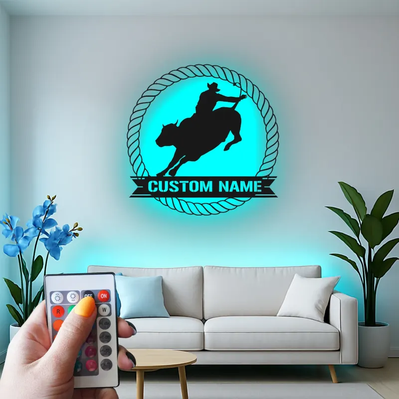 Cartel de metal LED personalizado de vaquero de rodeo regalo occidental para él decoración rústica de cueva de hombre