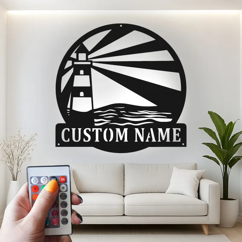 Personalized Lighthouse Metal Wall Art | Custom Name Sign with LED Light | Modern Coastal Decor for Beach House