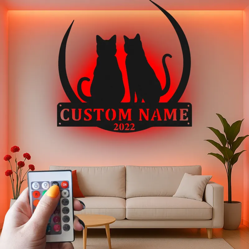 Cartel de metal personalizado con silueta de gato y luz LED, regalo personalizado para amantes de mascotas, decoración para dormitorio o salón