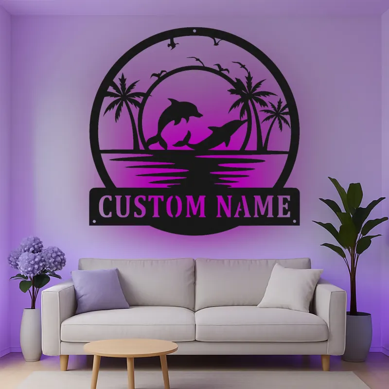 Décoration murale en métal personnalisée avec scène de plage de dauphins et rétroéclairage LED - Cadeau pour amoureux de l'océan - Décor de salon côtier