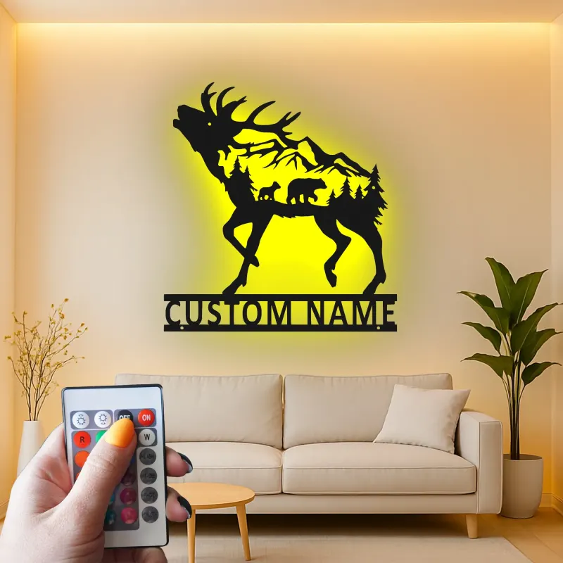Décoration murale en métal personnalisée avec élans et ours en forêt avec rétroéclairage LED - Cadeau faunique pour les amoureux de la nature