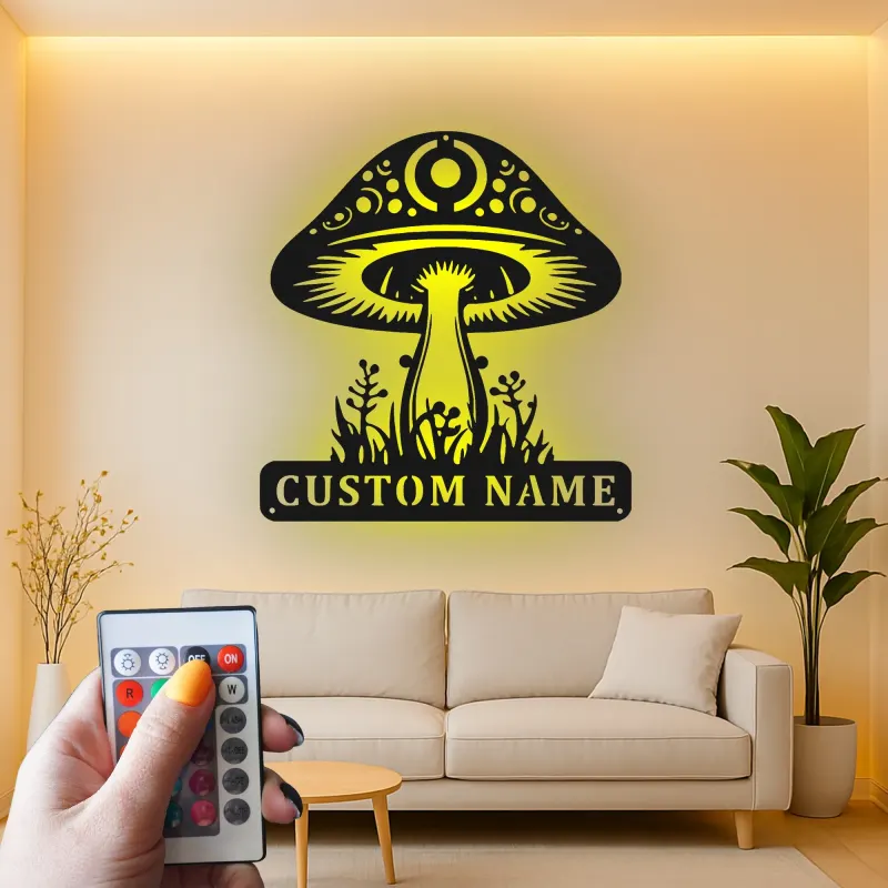 Insegna LED Personalizzata con Fungo | Targa in Metallo Personalizzata | Arte Murale Mistica Boho per Camera da Letto, Studio e Amanti della Natura