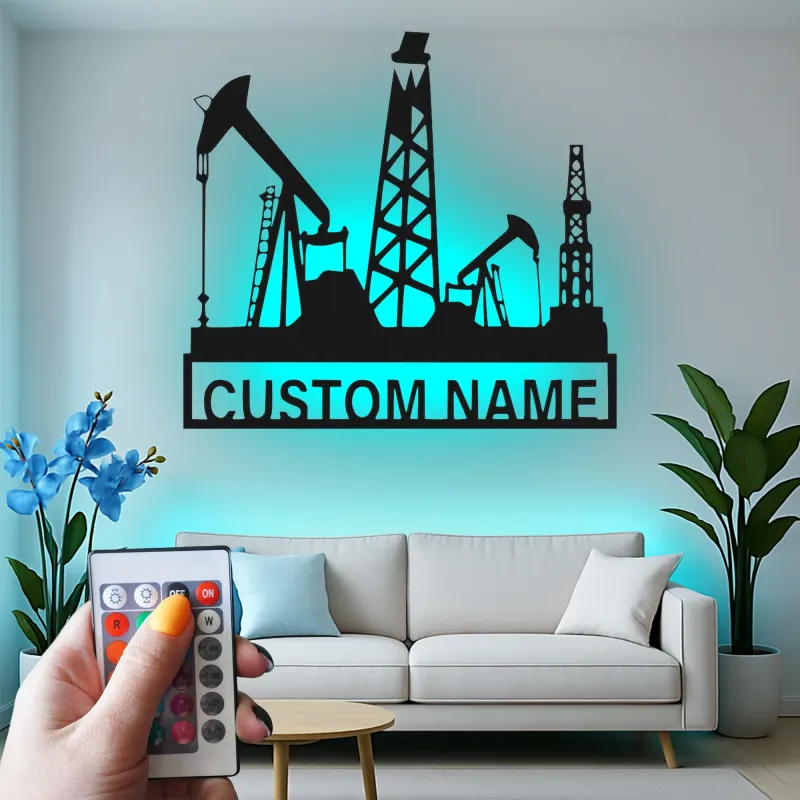Oil Rig LED Metal Wall Art | Custom Oilfield Name Sign for Office | Industrial Drilling Decor Gift for Engineer