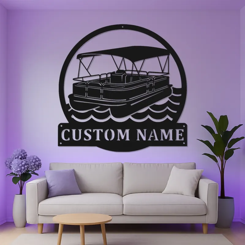 Cartel Personalizado de Barco Pontón | Arte Mural de Metal LED | Decoración Náutica Personalizada para Casa de Lago | Regalo para Propietario de Barco