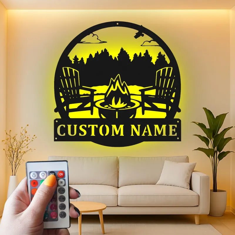 Cartel de metal personalizado con luz LED de escena de fogata para regalo al aire libre