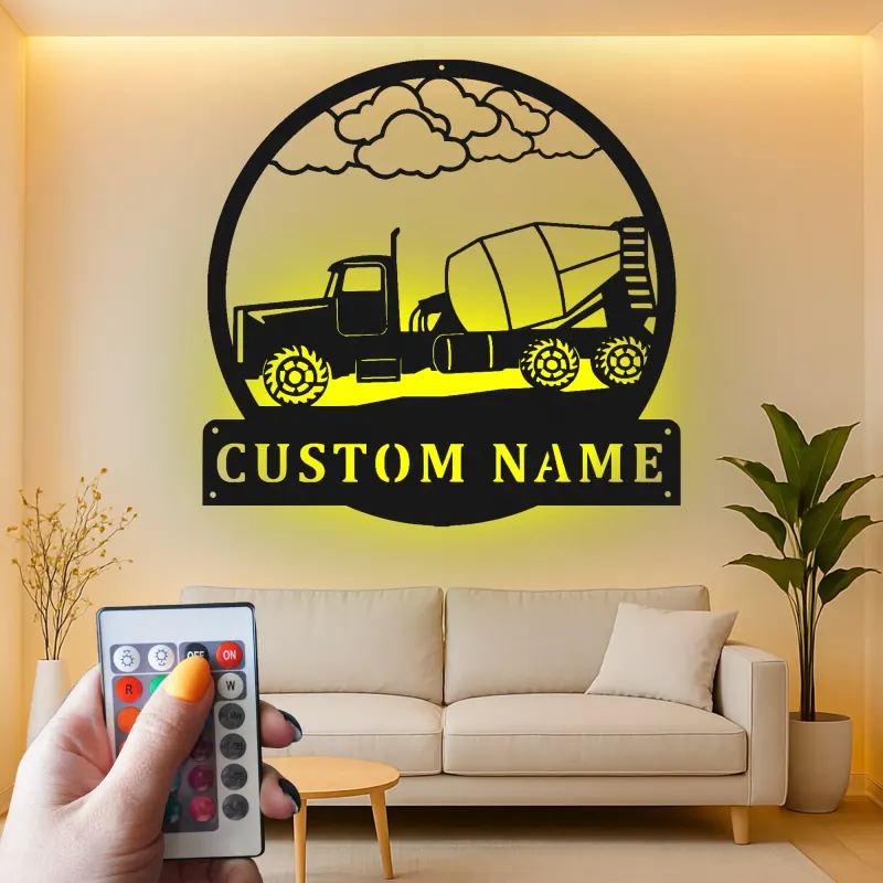 Décoration murale en métal personnalisée avec éclairage LED de camion de bétonnière - Cadeau de construction pour lui, décoration de garage ou d'atelier
