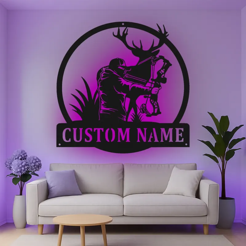 Insegna in metallo personalizzata con luce LED per cacciatori di arco e cervi, regalo personalizzato per cacciatori, decorazione per man cave o cabin