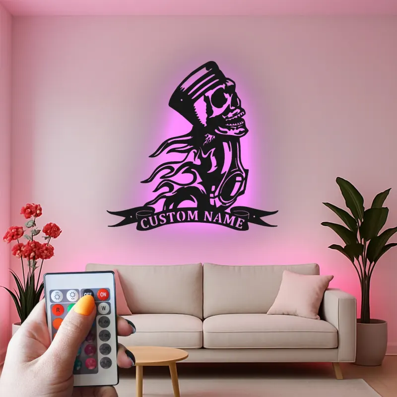 Cartel de metal personalizado con calavera de motocicleta | Señal de garaje de motorista con LED | Decoración de hombre de cueva con llamas de pistón