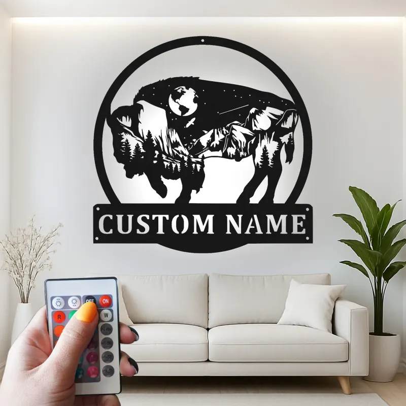 Custom Bison Mountain Scene Led Light Metal Wall Art Personalized Nature Lover Gift Rustic Home Decor