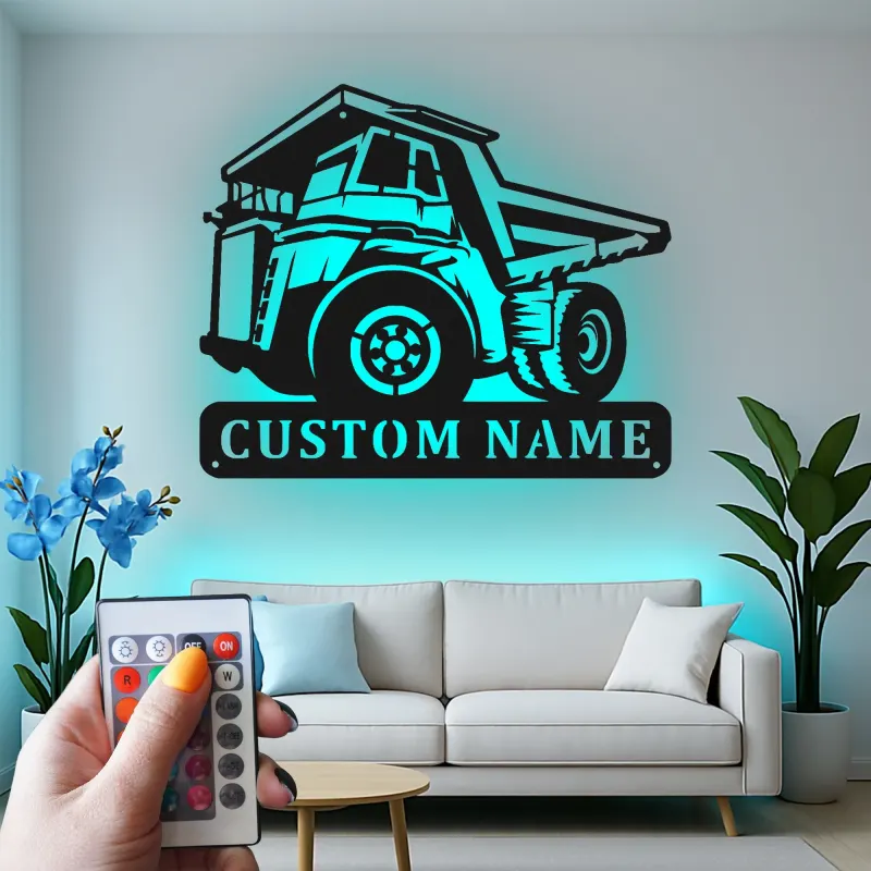 Insegna in metallo LED a forma di camion ribaltabile personalizzata - Regalo per appassionati di costruzione - Decorazione per garage o ufficio