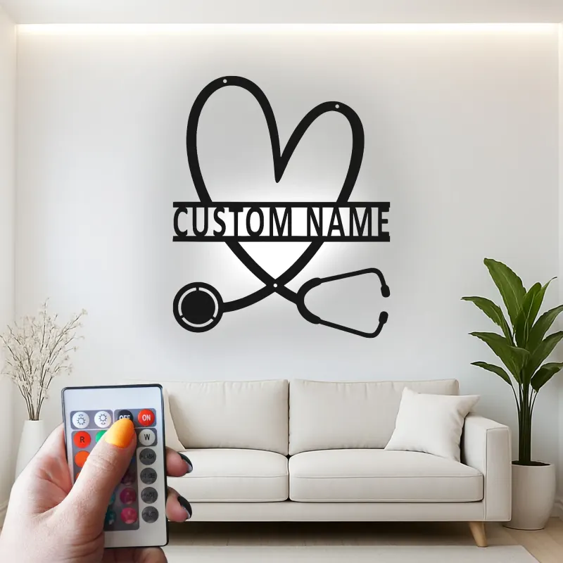 Personalisierte Stethoskop-Schild | LED Metall-Wandkunst für Arztpraxen | Individuelles Geschenk für Krankenschwestern | Klinik Wanddeko