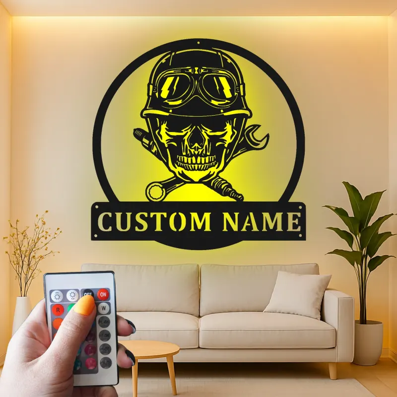 Panneau Mécanicien Crâne Personnalisé | Décoration Murale en Métal Rétroéclairée pour Garage | Décor de Atelier Personnalisé | Cadeau Réparation Auto
