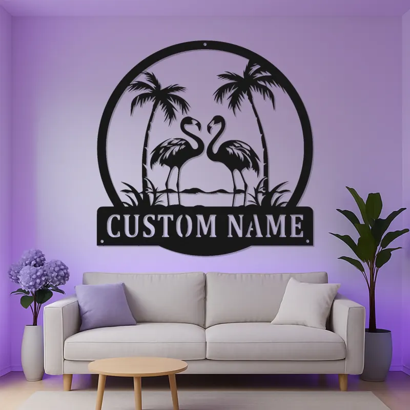 Cartel de metal LED de flamenco | Cartel tropical personalizado | Decoración de casa de playa y salón a medida | Luz de palmera costera