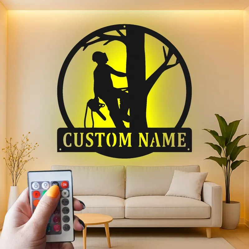 Personalisierte LED-beleuchtete Metall-Wandkunst Baumkletterer Geschenk für Arboristen