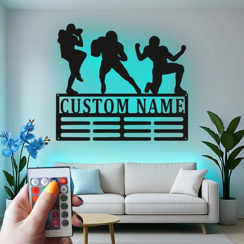 Custom Football Player Metal Sign | Personalized LED Wall Art for Boys Room | Athlete Name Decor for Sports Fan