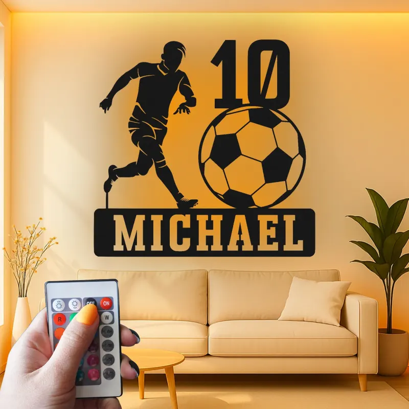 Personalized Soccer Player Light | Custom Metal Wall Art | LED Name Sign for Kids Room | Teen Athlete Gift