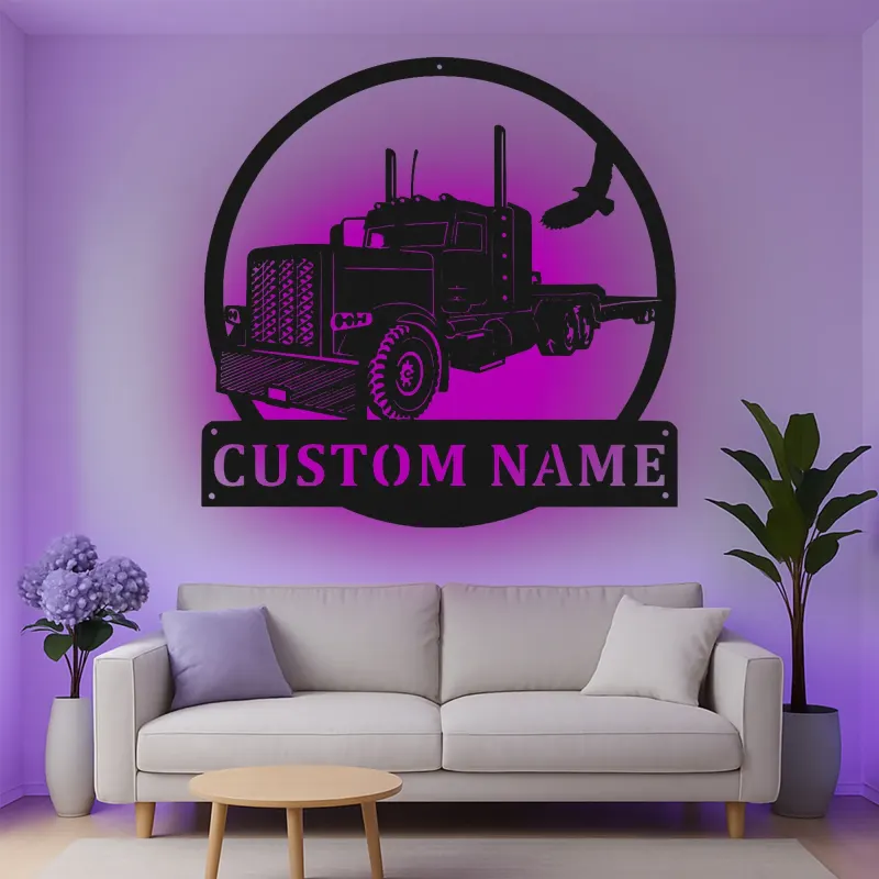 Décoration murale en métal LED personnalisée pour camion semi - Cadeau pour camionneur pour lui, décoration de garage ou de man cave