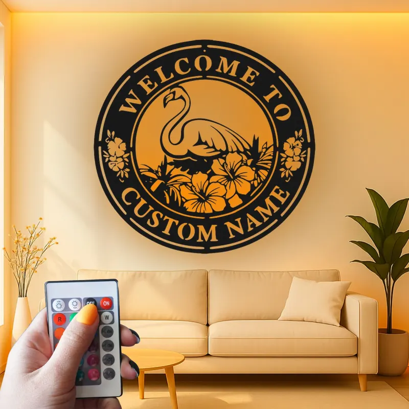 Individuelles Flamingo LED Schild | Personalisierte Metall Wandkunst | Tropische Hibiskus Willkommensdekoration für Terrasse & Außenbereich | Einweihungsgeschenk Idee
