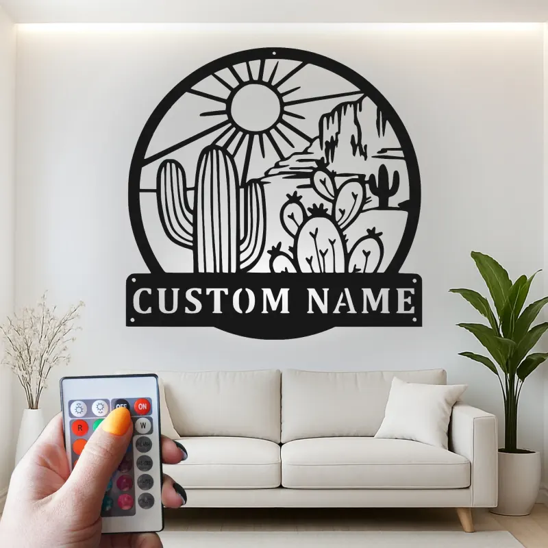 Décoration murale en métal personnalisée Cactus du désert avec rétroéclairage LED Cadeau du Sud-Ouest pour le salon ou la terrasse 3