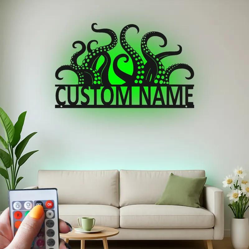 Cartel LED personalizado de tentáculos de pulpo | Arte de metal con nombre personalizado | Decoración náutica para negocios y hogar costero | Regalo para amantes del mar