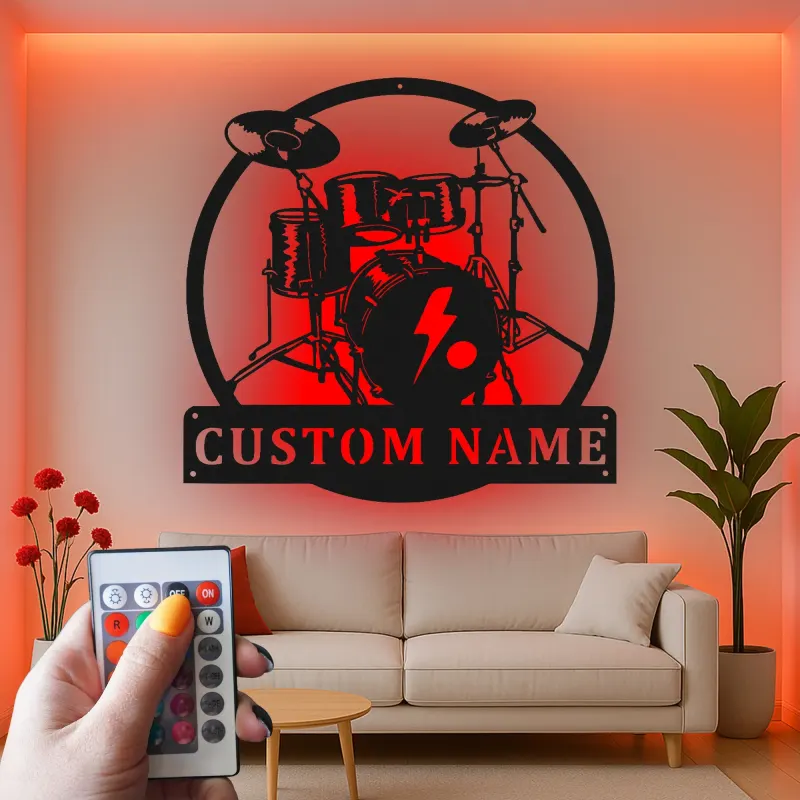Insegna in metallo LED a forma di set di tamburi personalizzata Regalo per musicisti Decorazione per studio musicale o camera da letto