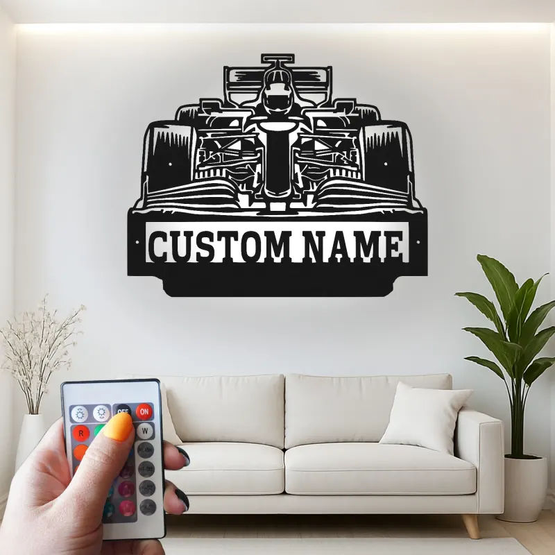 Arte murale in metallo per auto F1 personalizzata con luce LED | Regalo personalizzato per appassionati di motorsport | Arredo garage e man cave
