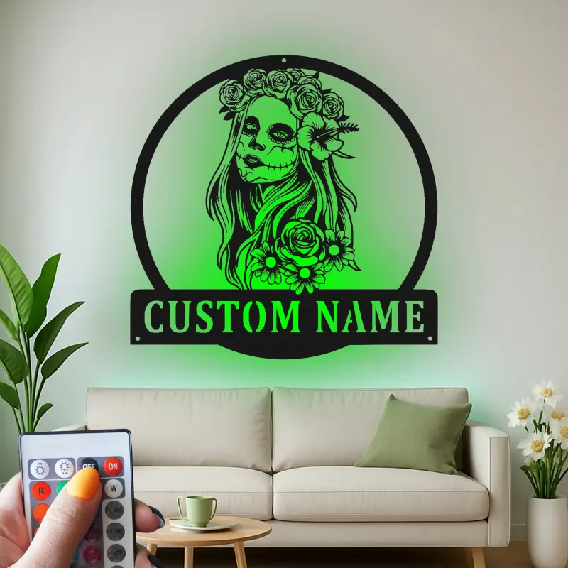 Personalisierte LED-Metall-Wandkunst „Tag der Toten“ Frau – Geschenk für Sie, Wohn- oder Schlafzimmerdeko