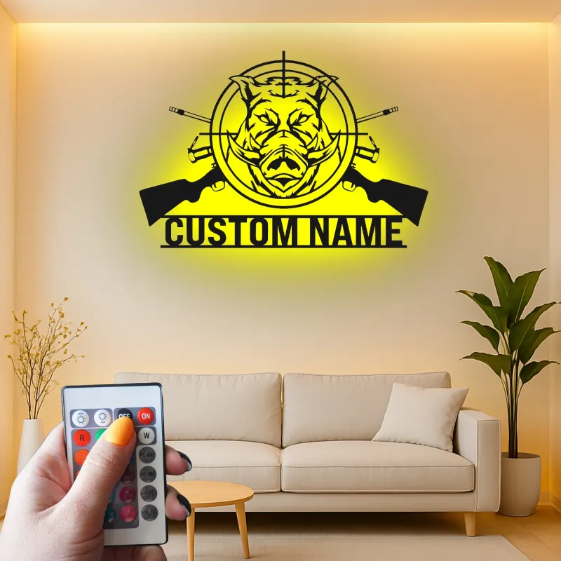 Personalized Wild Boar Hunting Sign | LED Metal Wall Art | Custom Hunter Name Decor for Cabin & Man Cave | Gift for Hunter