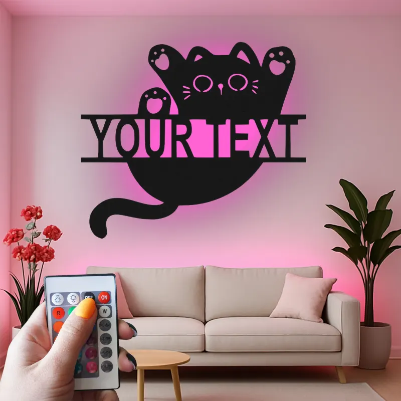 Insegna in metallo personalizzata con silhouette di gatto e luce LED regalo per amanti dei gatti decorazione per camera da letto o soggiorno 3