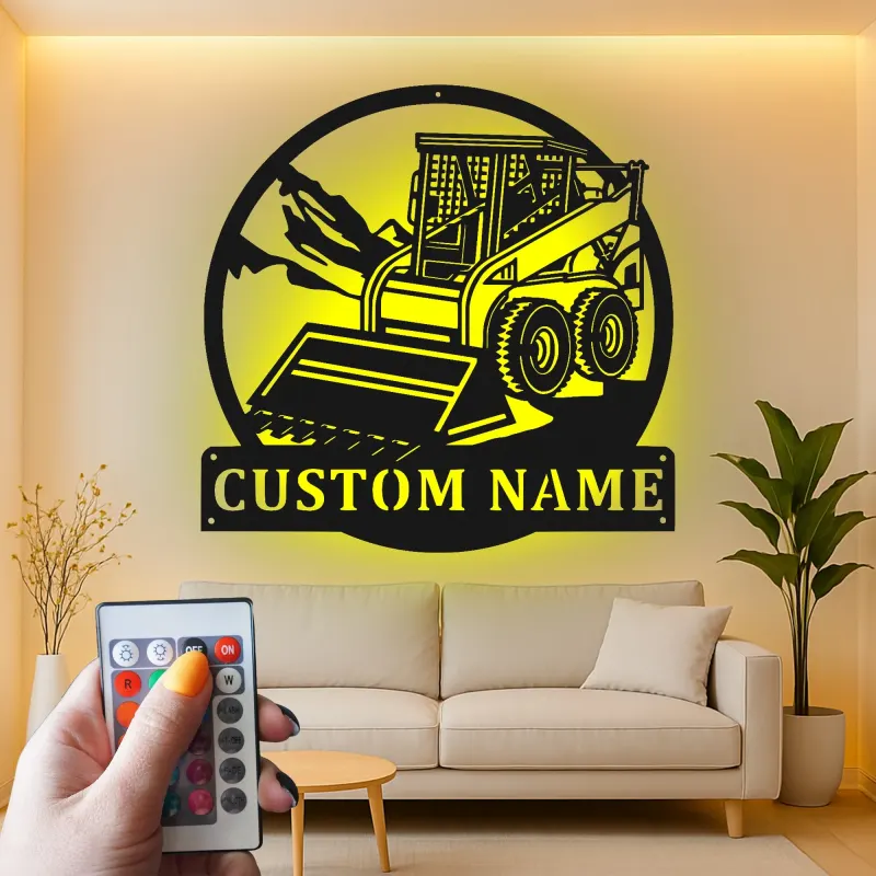 Custom Skid Steer Loader Metal Sign | Personalized LED Wall Art | Construction Equipment Decor for Operator Gift | Heavy Machinery Man Cave