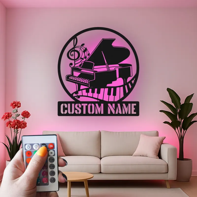Cartel de piano personalizado con LED | Decoración mural de metal personalizada de piano de cola | Decoración de estudio de música y regalo para pianista