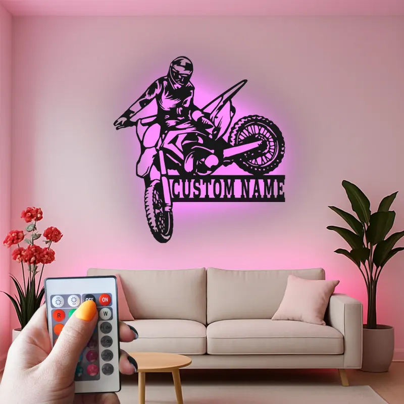 Custom Motocross Rider Led Light Metal Wall Art Personalized Gift for Dirt Bike Enthusiasts Garage or Man Cave Decor 3