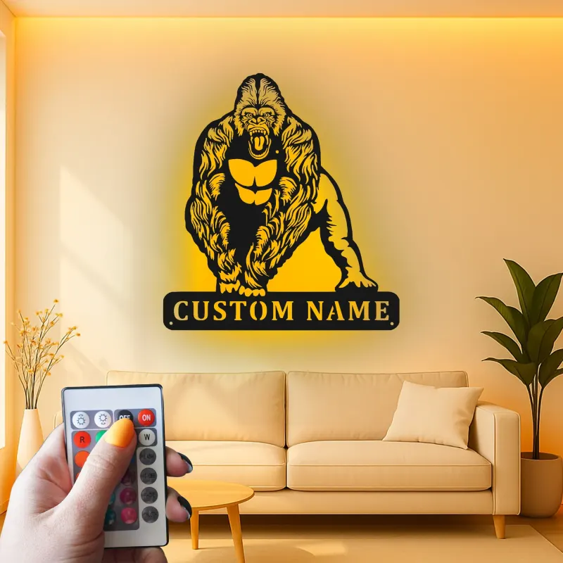 Arte murale in metallo con gorilla e LED | Insegna personalizzata con nome per man cave, home gym | Decorazione personalizzata con fauna selvatica