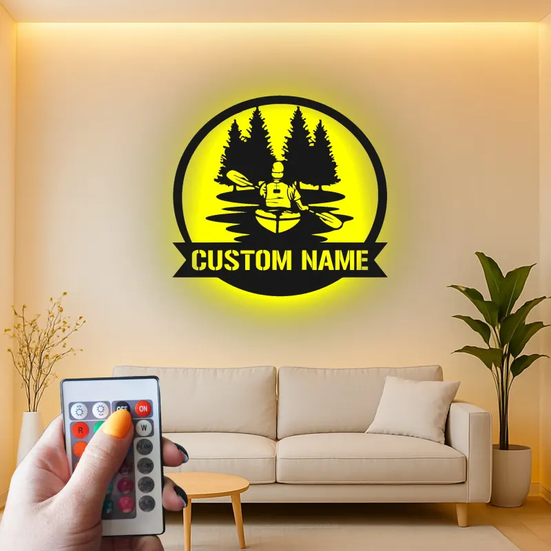 Personalisierte Kajak LED Metallkunst | Individuelles Kanufahrer-Schild | Dekor für das Außenbereich-Ferienhaus Geschenk für Ihn