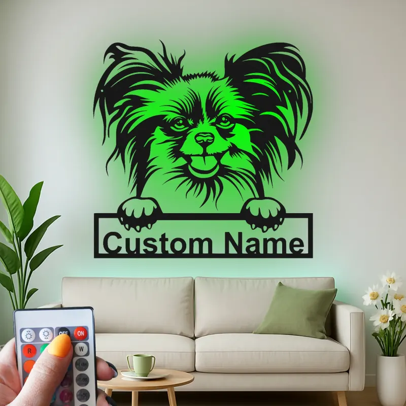 Art Murale Métal LED Chien Papillon | Panneau de Nom Personnalisé pour Animal de Compagnie | Cadeau Personnalisé pour Maman Chien | Décoration Moderne pour Salon