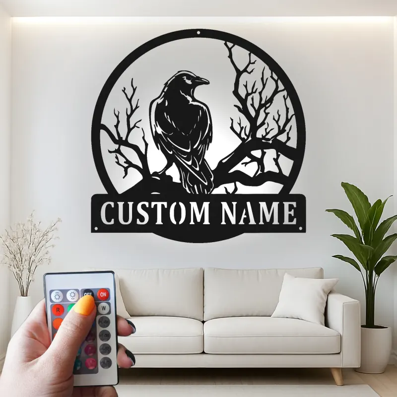 Insegna in metallo Raven | Insegna LED personalizzata per decorazioni gotiche | Regalo per amanti degli uccelli | Decorazione di Halloween per casa e ufficio