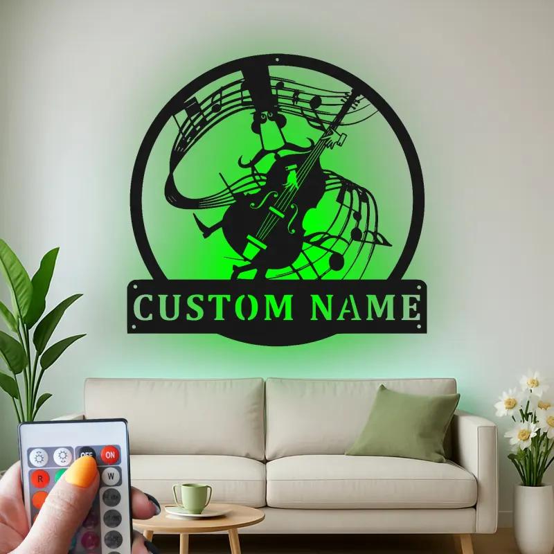 Decorazione LED personalizzata in metallo per contrabbasso | Insegna con silhouette di musicista | Arredo e regalo su misura per studio musicale