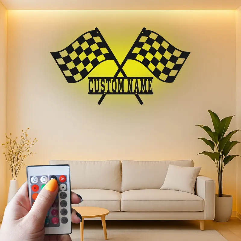 Panneau en métal LED de drapeaux de course personnalisé | Décor de garage personnalisé | Art mural à damier de sport automobile | Cadeau pour coureur