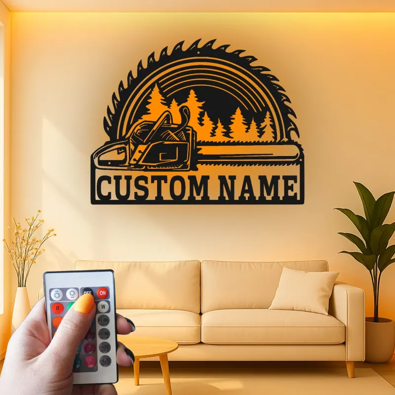 Cartel de metal personalizado de motosierra y hoja de sierra con luz LED regalo para leñador o carpintero decoración de taller